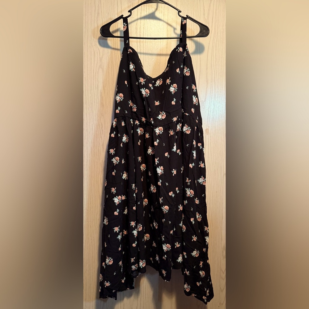 Torrid black floral challis sharkbite hem dress
